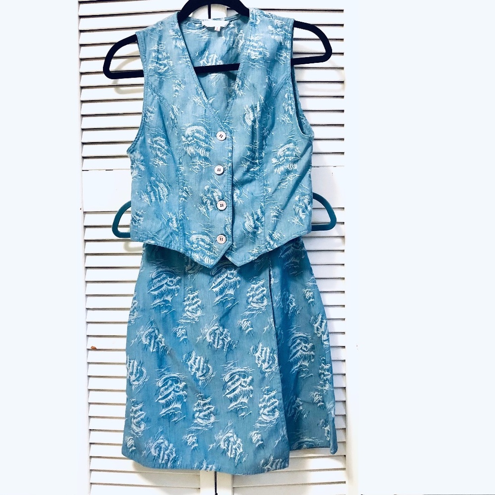 2PC Womens Blue Boat Print Button Up Lapelless Vest Top Chic Wrap Mini Skirt S
